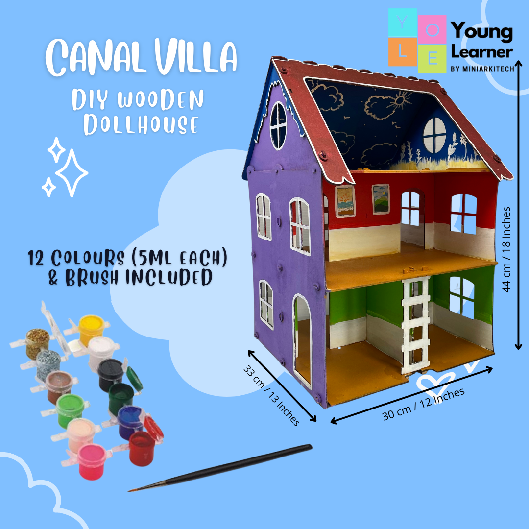 Canal Villa DIY Wooden dollhouse | Colours and furniture included | Colouring and pretend play activity